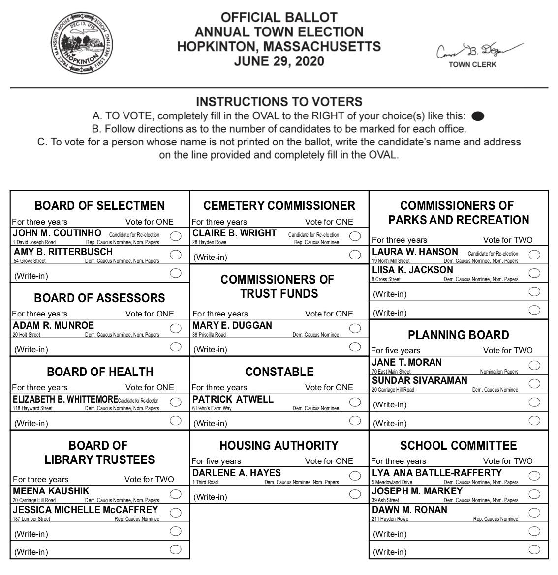 Town Election candidates list