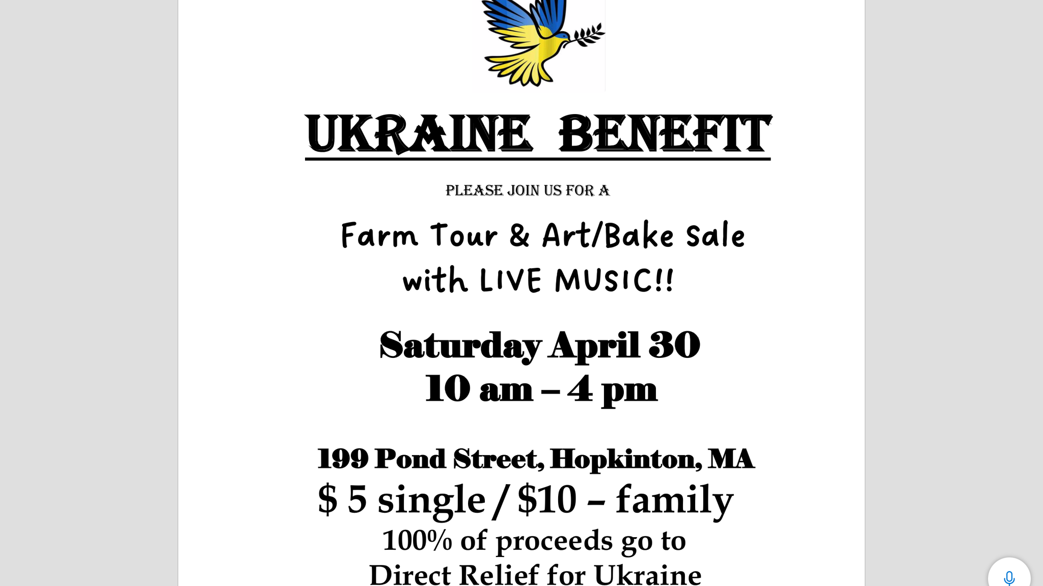Ukraine benefit at local farm April 30