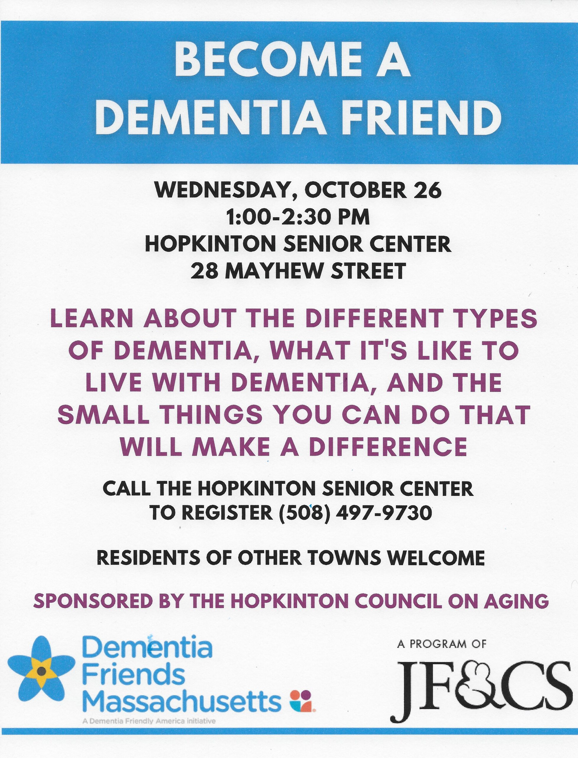 Dementia Friends information session Oct. 26