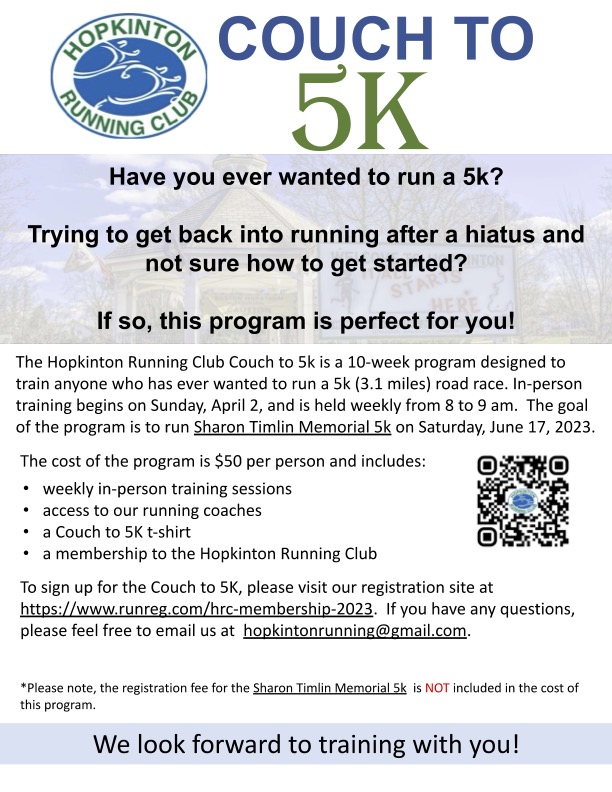 Hopkinton Running Club Couch to 5K training program starts April 2