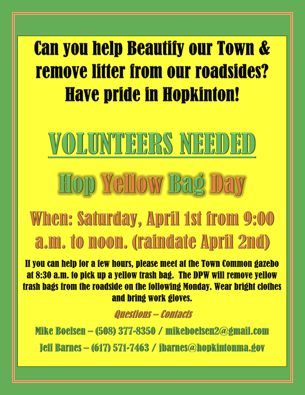 Yellow Bag Day town cleanup April 1