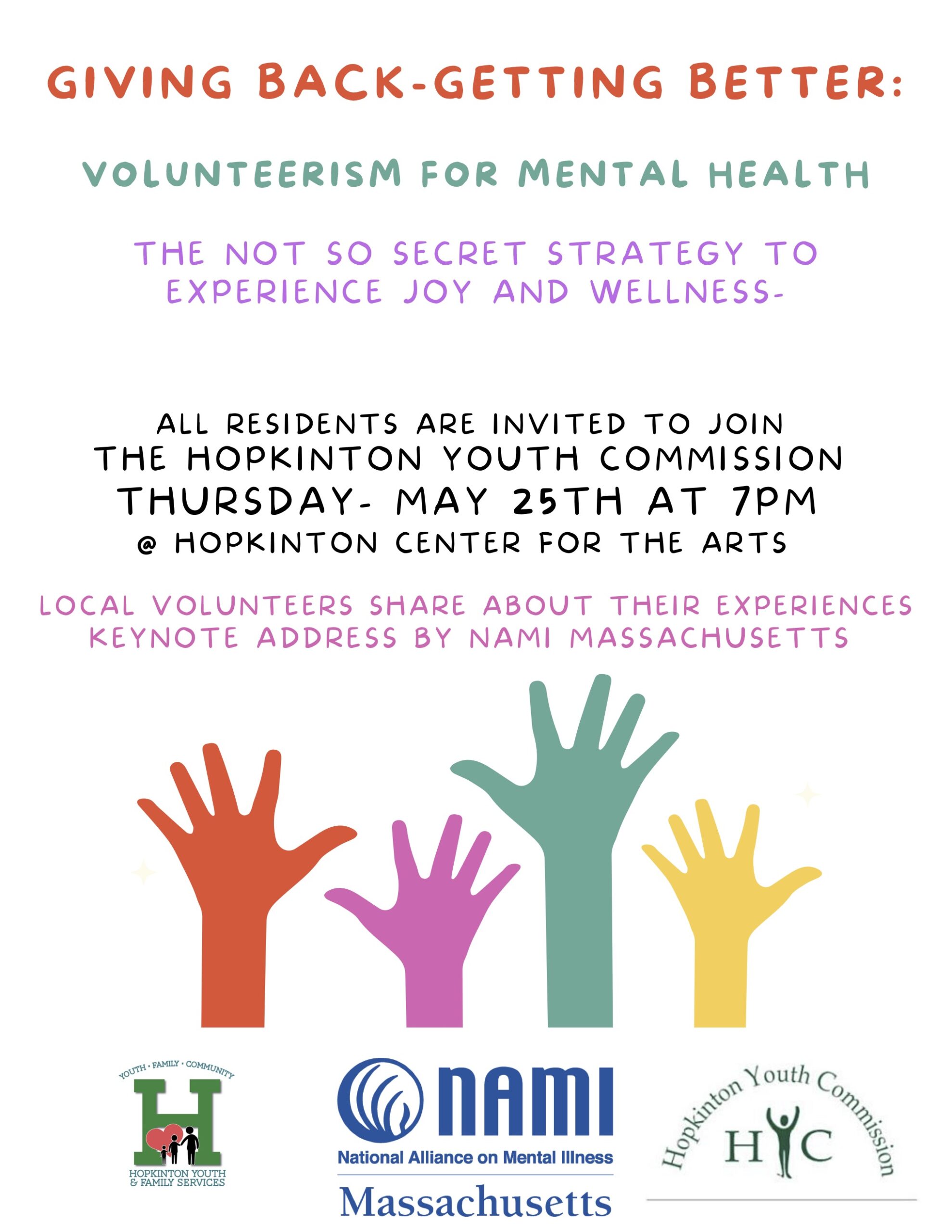 Hopkinton Youth Commission presents Volunteerism for Mental Health May 25 at HCA