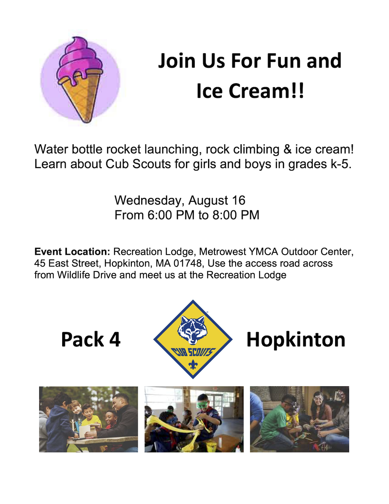Cub Scouts Pack 4 Event Aug. 16