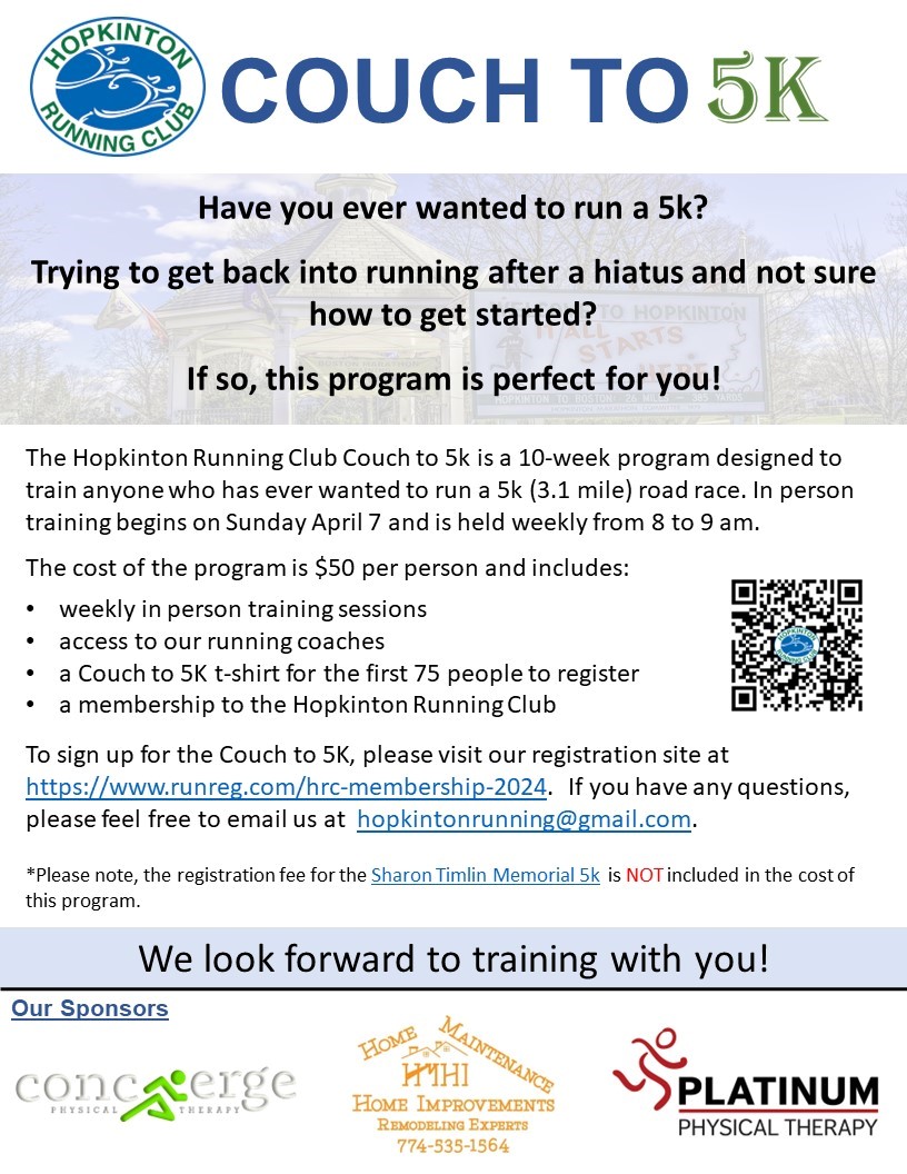 Hopkinton Running Club Couch to 5K Training Program Starts April 7