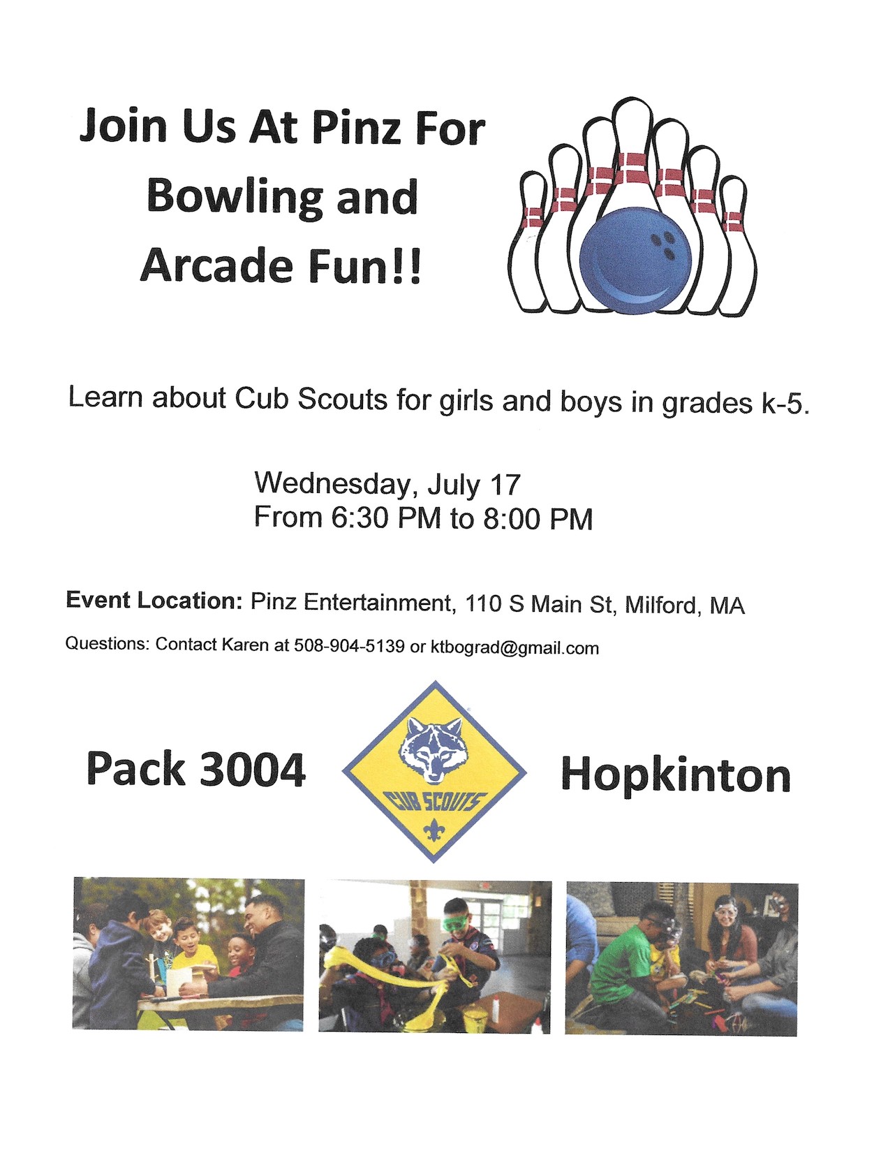 Cub Scouts Bowling/Arcade Night July 17