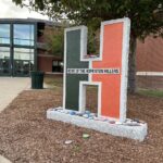 Hopkinton High School front entrance, Hillers H sign